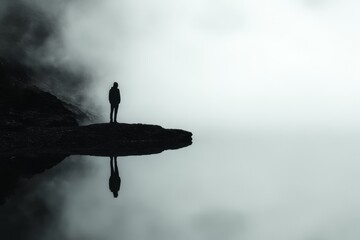Solitary Figure on a Misty Shore Reflecting in Still Water
