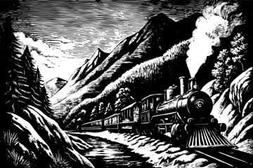 Fototapeta premium Vintage Steam Train in Mountain Landscape Black and White Woodcut Style Illustration