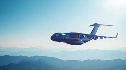 Fototapeta premium A modern hydrogen-powered aircraft soaring through a clear blue sky, representing zero-emission aviation technology.