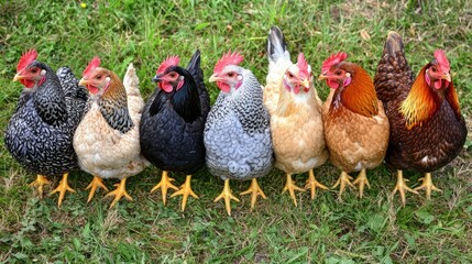 Fototapeta premium A row of several chickens standing on a grassy field together