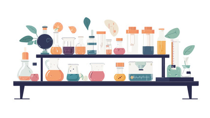 A stylized vector illustration depicting a laboratory setting.  A dark-colored, minimalist shelf holds various sizes and shapes of laboratory glassware. The glassware contains liquids of varying