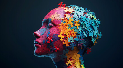 Abstract Human Head with Colorful Puzzle Pieces Representing Mental Complexity. A digital conceptual art of a human head made of vibrant puzzle pieces, symbolizing psychology, cognition, and mental