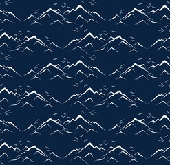 Seamless background with mountains and birds.
