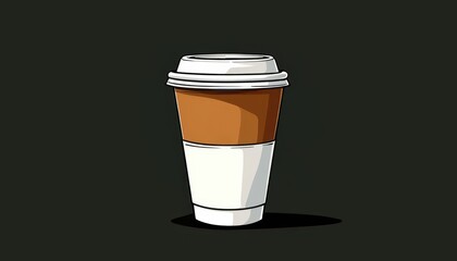 Disposable brown coffee cup with white lid resting on dark surface, minimalist graphic symbolizing global caffeine culture