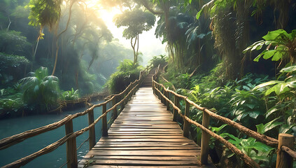 Fototapeta premium Long exposure photography: Intense dramatic weather; a weathered wooden bridge, nestled in lush jungle foliage, leading to a hidden cave. Stormy skies, high tension, motion blur, 