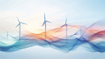 The image is a digital illustration depicting several wind turbines silhouetted against a background of flowing, abstract waves.  The waves are rendered in shades of blue, orange, and pink,