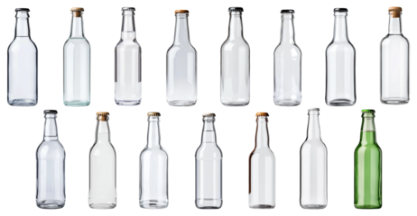 Set of empty glass bottles in various sizes, isolated on transparent background