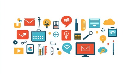 Collection of interactive e-learning icons with cloud-based education technology. No people.