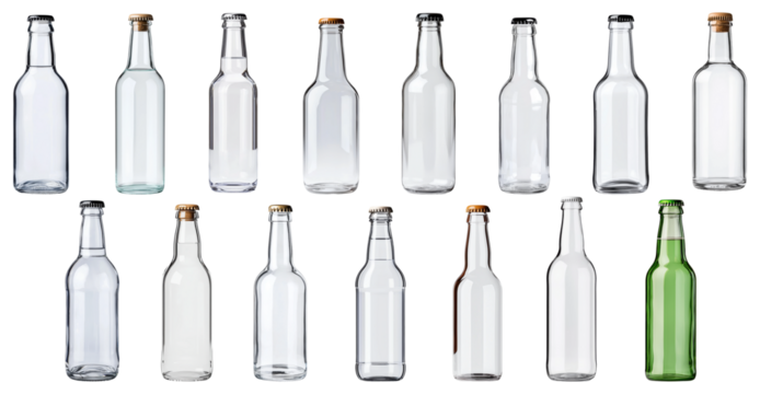 Set of empty glass bottles in various sizes, isolated on transparent background