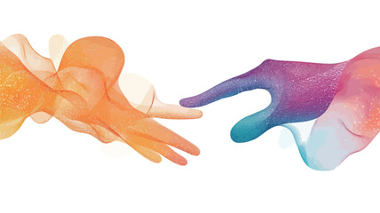 The image is a digital illustration depicting two abstract hands reaching towards each other. The hands are rendered in a painterly style with flowing, translucent forms.  The color palette is