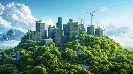 Fototapeta premium Digital visualization of a sustainable city skyline powered by smart energy grids, renewable sources, and eco-friendly transport.
