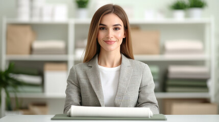 Business woman presenting work plan office environment professional portrait bright interior confident attitude