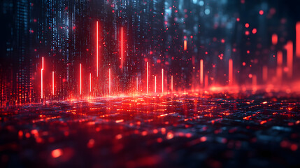 Fototapeta premium Digital Matrix: A visually striking and abstract digital representation of a matrix, composed of red lines and glowing dots, suggesting data streams or futuristic landscapes.
