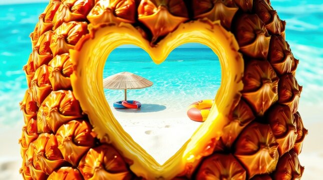 Heart-shaped pineapple frames a tropical paradise with sun umbrellas and tranquil waters