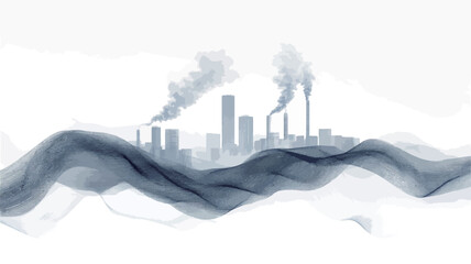 The image is an abstract depiction of industrial pollution.  It features a stylized cityscape with smoke stacks emitting dark gray smoke, rendered in shades of gray and blue. The cityscape is