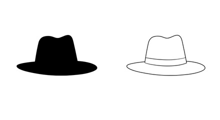 Contrast of Shadows: A graphic representation of fedora hat, one in stark black, the other a simple outline, symbolizing duality and the play of light and shadow. 