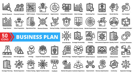 Obraz premium Set of business plan web icons in line style. Containing Market Research, Financial Forecast, SWOT Analysis, Product Development, Customer Segmentation, Competitive Analysis, Sales Strategy