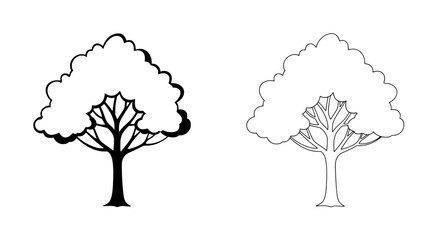 Tree Silhouette: A stark, high-contrast rendering presents a tree silhouette in two variations, one solid and the other outlined, ideal for design or educational applications.