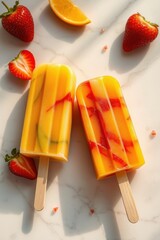 Delicious fruity popsicles with vibrant colors and fresh ingredients on a marble surface