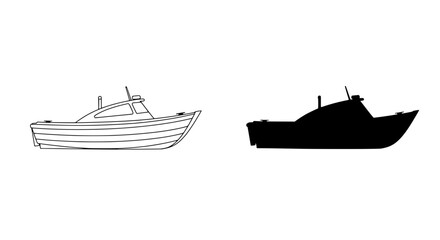 Vessel Silhouette and Outline: A detailed outline and silhouette of a motorboat, showing its design and structure with a focus on transportation and maritime elements.