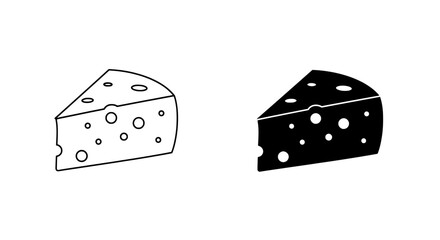 Cheese Icon Set: A minimalist illustration showcasing a wedge of cheese in both outline and filled styles. Capturing simplicity and the essence of this dairy delight.