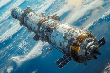 Orbital Outpost: A Detailed View of a Space Station Module Circling Earth, Showcasing Technological Advancement and Earth's Beauty from Above 