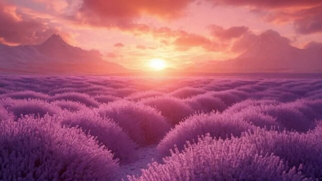 Stunning lavender field at sunrise with vibrant purple blossoms and majestic mountains in the background
