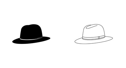 Stylish Headwear: The image presents two elegant fedora hats, one in a bold black silhouette and the other as a sleek outline, offering a study in contrasts and showcasing the classic design.