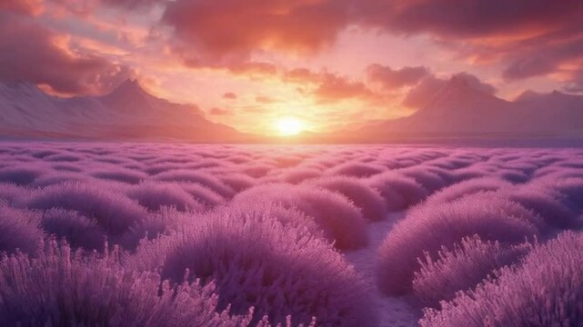 Stunning lavender field at sunrise with vibrant purple blossoms and majestic mountains in the background
