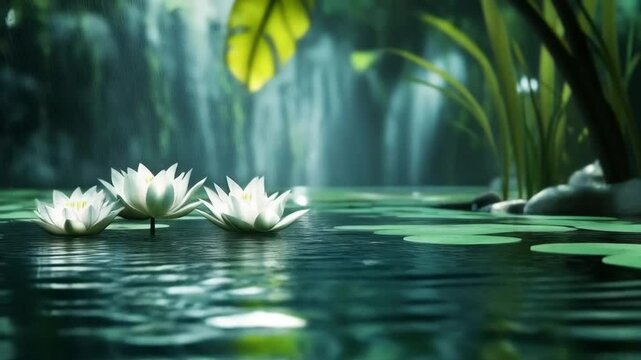 Elegant white water lilies blooming on serene pond with soft light and lush surroundings

