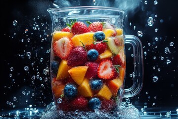 Refreshing Summer Fruit Punch: A Vibrant Mix of Strawberries, Blueberries, Raspberries, and Mango in Sparkling Water, Ideal for Hot Days, Close-Up