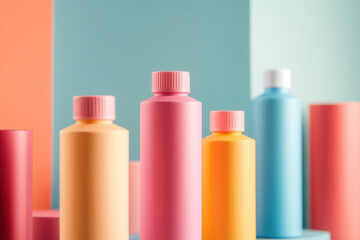 Colorful bottles display studio environment abstract photography vibrant backgrounds modern composition