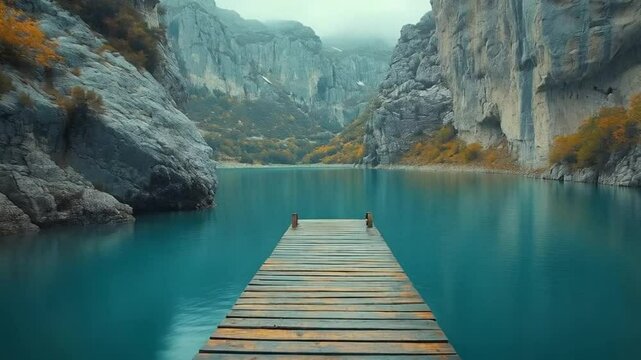 Serene wooden dock extending into the turquoise lake surrounded by rocky mountains