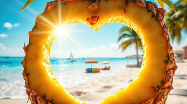 Heart-shaped pineapple frame offers a tropical view of a serene beach at sunset