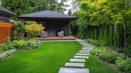 Tranquil backyard retreat with modern gazebo and lush landscaping under soft afternoon light