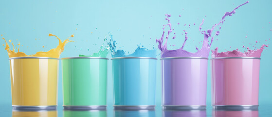 Colorful paint splashes in buckets creative art studio photography bright environment dynamic viewpoint