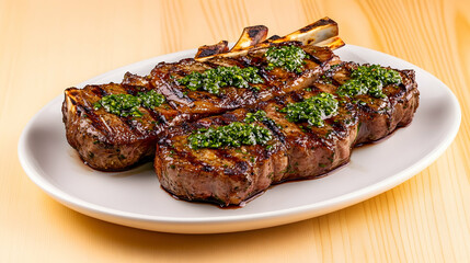 Grilled lamb chops with vibrant green herb sauce, served on an elegant white plate