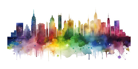 Obraz premium city skyline with rainbow canvas brushes artwork transparent background . city skyline in watercolor art. colorful, sketch, waterfront, structure, city landscape, tour tourism, 