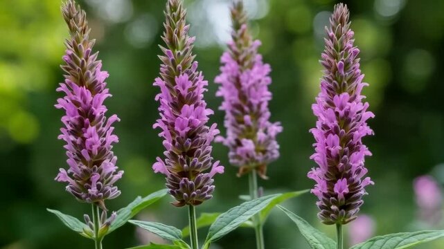 Waving blooming pink flowers swaying gently in the breeze with blurred green background
