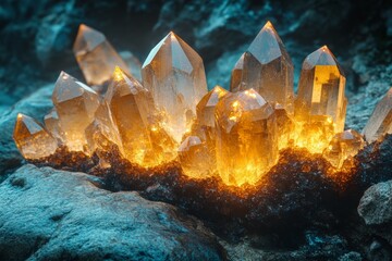 Radiant Citrine Cluster: Captivating Close-Up of Golden Crystals Gleaming with Inner Light on Dark Mineral Matrix, Displaying Natural Beauty and Geological Wonder