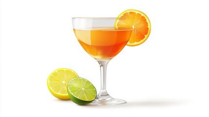 Colorful citrus cocktail sits elegantly in a glass with fresh lime and lemon slices beside it