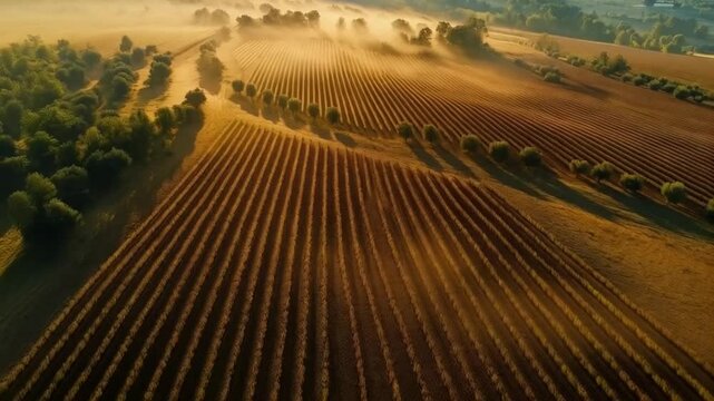 Stunning aerial view of golden vineyards in sunrise light with misty background and copy space