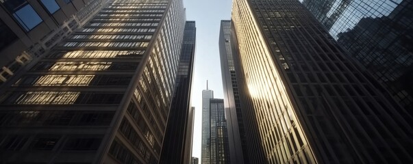 Fototapeta premium Tall urban buildings reaching towards the bright sunny blue sky above