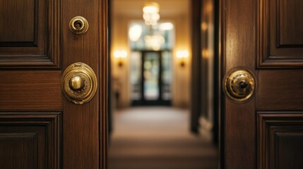 Obraz premium Open wooden doors reveal a well lit interior hallway space