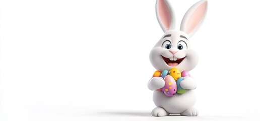 Obraz premium Cheerful cartoon Easter bunny holding colorful eggs.