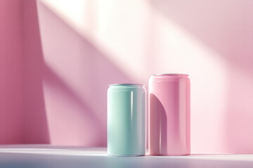 Refreshing drink cans minimalist studio photography soft pink environment close-up view modern aesthetic