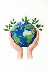 Hands cradling Earth, surrounded by green leaves, symbolizing environmental protection