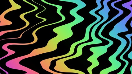 Funky neon wave pattern in green, yellow, blue on black. Retro 80s background, trippy design, psychedelic distortion, fluid lines. Posters, digital art, modern Y2K, 90s creative banner, summer visuals