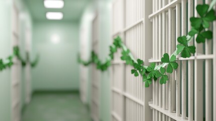 A corridor lined with prison bars adorned with green vines, creating an unusual contrast between confinement and nature.