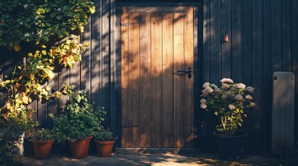 Fototapeta premium A wooden door surrounded by lush greenery and plants outside
